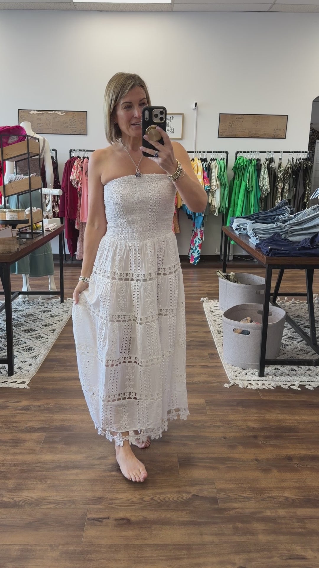 Strapless Smocked Eyelet Maxi Dress