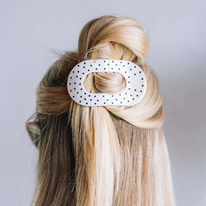 Teleties Medium Flat Round Clip - White Polka Dot Party