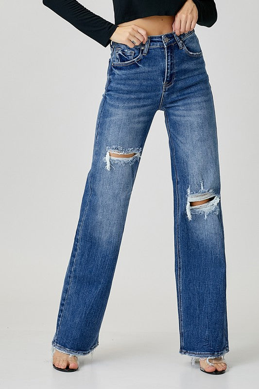 Risen High-Rise Ripped Wide Leg Jeans