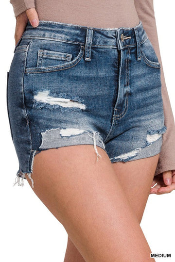 Zenana - Cutoff Denim Shorts with Front Folded Hem